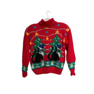 Lauren Cole Petites Red Christmas Holiday Cat Turtleneck‎ Sweater Size Small